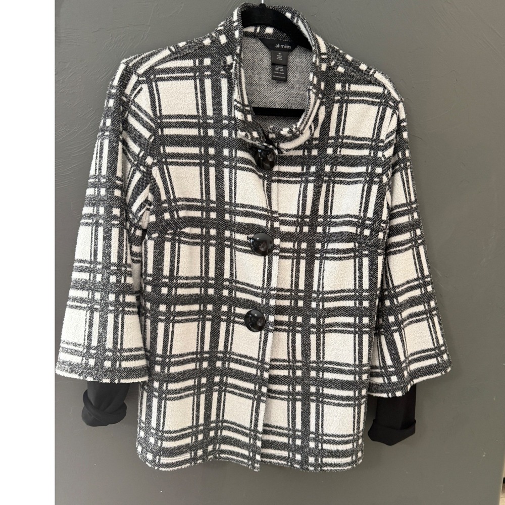 Ali Miles Womens Plaid Funnel Neck Button Up Jacket Black White M Fall Winter